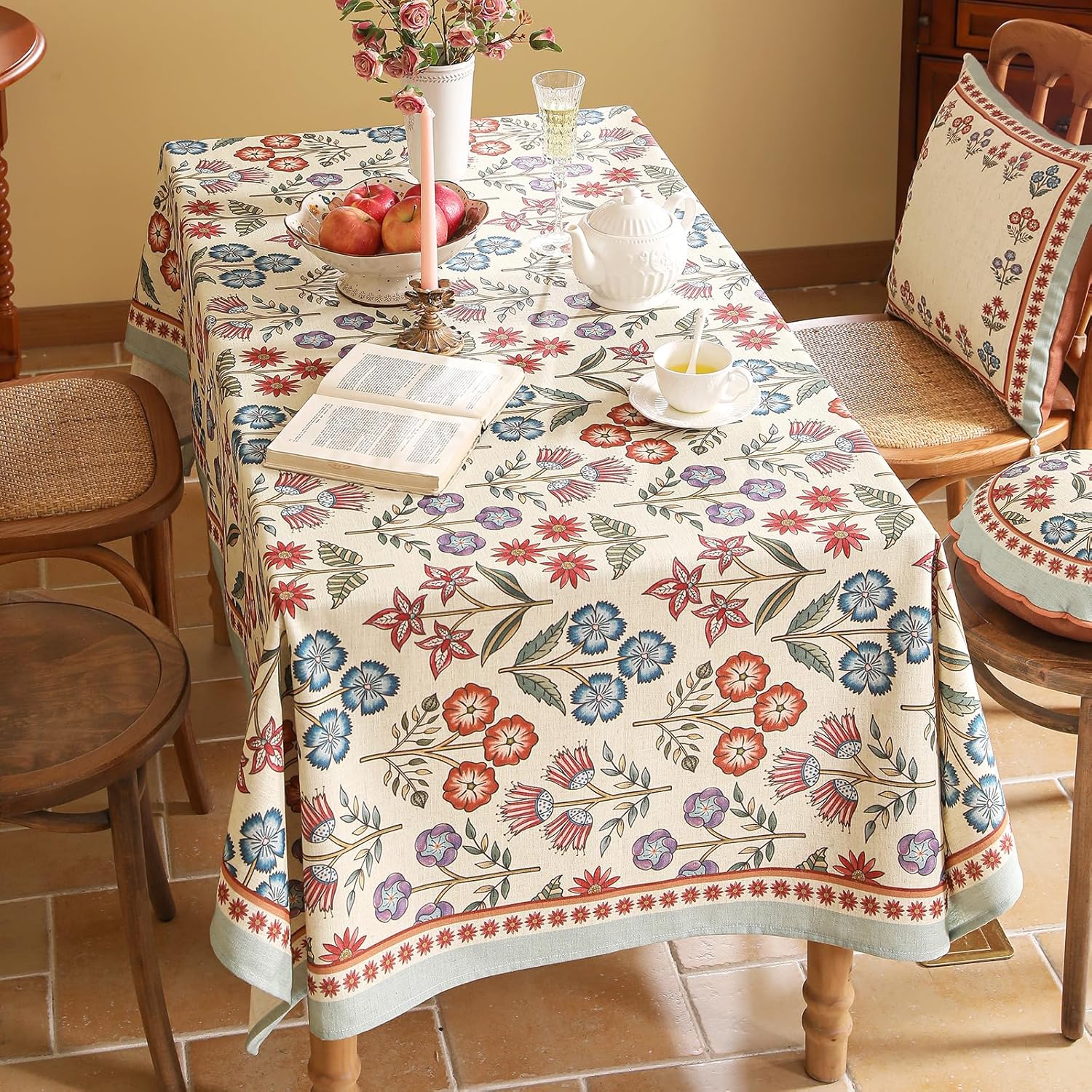 Floral and Tan French Linen Tablecloth for Rectangle Tables,Vintage Multiple Prints Table Cloth,Wrinkle Free Tablecloths,Decor Table Cover for Kitchen,Dining,Tea Party,Home,Christmas